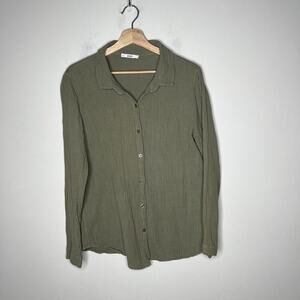 Zuiki Top Women Medium Green Gauzy Cotton Button Up Lagenlook Casual Lightweight
